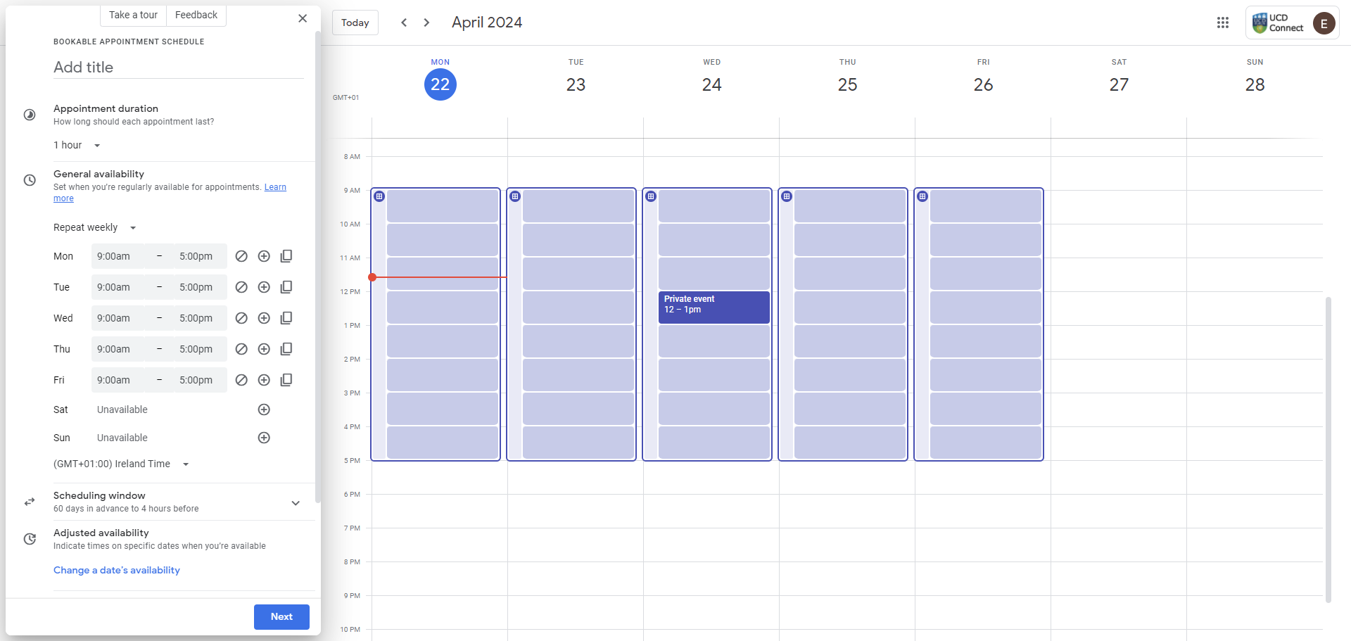Gif showing how to create an appointment schedule in Google Calendar
